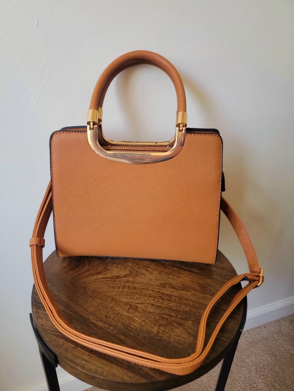 Structured Cognac Satchel with Gold Hardware | Purse Shoulder Bag